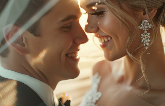 A beautiful blonde bride with diamond earrings smiles at the groom in a black tuxedo in a romantic atmosphere.