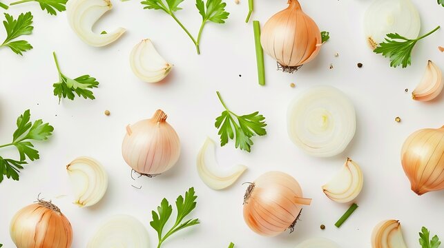 Onion bulbs and parsley leaf composition and creative layout isolated on white background Healthy eating and dieting food concept Garden vegetable Design element Top view flat lay : Generative AI