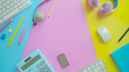 Poster - Office table desk with copy space calculator pencil paper ball earphone keyboard and office accessories on colorful background business and office supplies flat lay concept : Generative AI