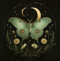 A green Luna moth with outstretched wings rests on a dark background surrounded by colourful flowers and small stars. A crescent moon hovers above it, creating a serene night landscape.