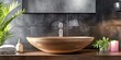 Design concept for a contemporary bathroom featuring a wooden sink and dark walls. Concept Contemporary Design, Wooden Sink, Dark Walls, Modern Fixtures, Stylish Decor