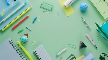 Poster - Back to school background Flat lay top view of school accessories notebook pens on isolated light green table background School stationery on desk Copyspace : Generative AI