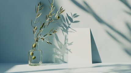 Poster - Combination of glass vase and olive branches Sunlight table background White card leaning against blue wall Invitation mockup long shadow : Generative AI