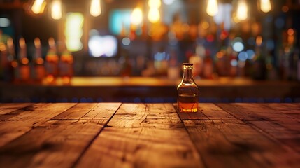 Poster - Empty wooden bar counter with defocused background and bottles of restaurant bar or cafeteria background for your product display : Generative AI