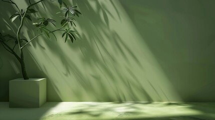 Aufkleber - Green Shadow Background Studio Room Photo Empty Gradient Leaf Floor Wall Backdrop Muslin Design Canvas Surface Texture Podium 3d Eco Scene Mockup Product Cosmetic Beauty Organic Displa : Generative AI