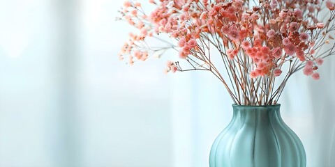 Wall Mural - Dried pink flowers in green vase: A close-up image against white backdrop. Concept Close Up Photography, Dried Flowers, Pink Color Theme, Green Vase, White Background