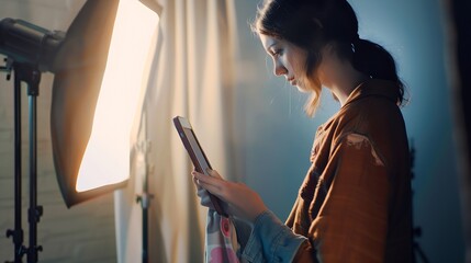 Fototapete - Woman looking at fashion photography portfolio on tablet computer : Generative AI