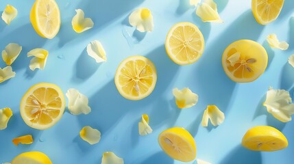 Wall Mural - Creative summer layout made of lemon and yellow flower petals on bright blue background Fruit minimal concept : Generative AI