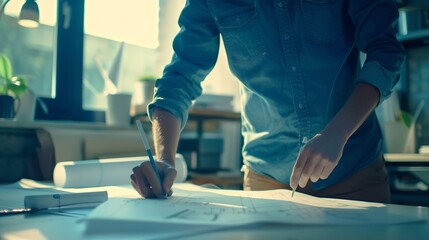 Aufkleber - Architect or engineer working on building blueprint contractor designing and drawing blueprint layout with tool for construction project Civil engineer and architecture design concept  : Generative AI