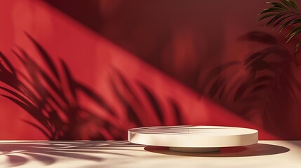 Aufkleber - Premium podium with a shadow of plant leaves on a red wall and a beige table Minimal abstract background for the presentation of a cosmetic product Showcase display case : Generative AI