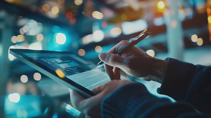 Fototapete - Tablet office research and happy man typing UX web design app wireframe development or monitor online software SEO algorithm web traffic statistics and person work on webdesign for web : Generative AI