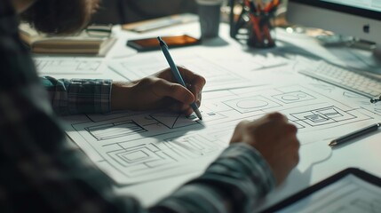 Aufkleber - UI UX website development team sketching wireframe layout for responsive web content in studio : Generative AI