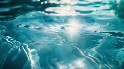 Poster - Blue water surface with bright sun light reflections water in swimming pool background closeup : Generative AI