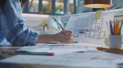 Fototapete - Interior designers working on color hand drawings of a kitchen interior at work place Photo of young designers work concept : Generative AI