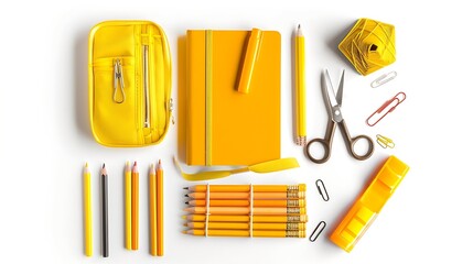 Poster - Back to school concept Flat lay top view on school supplies stack notebook yellow full pencil case with pencils and pens notepad scissors isolated on white background : Generative AI
