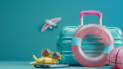 Wall Mural - Suitcases with inflatable ring passport and beach accessories on blue background Summer vacation concept : Generative AI