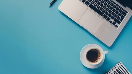 Fototapete - Minimal work space  Creative flat lay photo of workspace desk Top view office desk with laptop notebooks and coffee cup on blue color background Top view with copy space flat lay photo : Generative AI