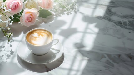 Aufkleber - White ceramic saucer and cup with coffee drink on neutral marble gray table background with aesthetic floral sunlight shadows feminine business branding template : Generative AI