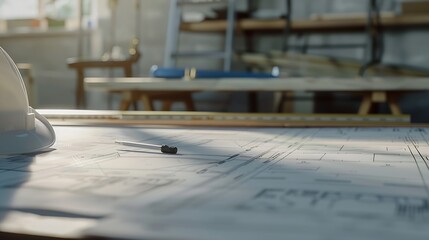 Aufkleber - Architectural designed building blueprint layout and engineer tool for designing blueprint with contractor project document on engineer workspace table in office with safety helmet or  : Generative AI