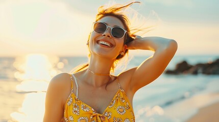 Wall Mural - stylish attractive slim smiling woman on beach in summer style fashion trend outfit carefree and happy feeling freedom wearing yellow printed dress boho style chic and sunglasses : Generative AI