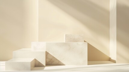 Poster - Empty white marble podium on pastel beige color background Minimal boxes and geometric podium Scene with geometrical forms Empty showcase for cosmetic product presentation Fashion maga : Generative AI