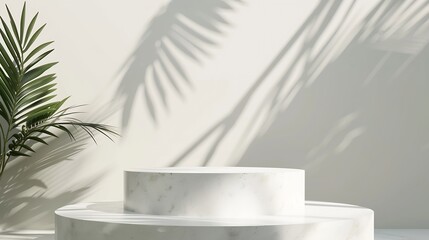 Aufkleber - White background of wall with palm shadows and white stone podium Free space for your decoration product presentation mock up show cosmetic product display Podium stage pedestal or pla : Generative AI