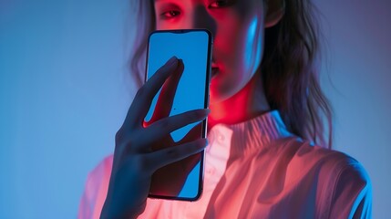 Isolated mobile phone with sample photo of beautiful female model shown on screen : Generative AI
