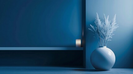 Leinwandbilder - Blue Background Dark 3d Studio Minimal Kitchen Table Display Room Abstract Scene Business Light Shadow Leaf Texture Space Wall Floor Bg Mockup Template Beauty Luxury Wallpaper Stage Gr : Generative AI