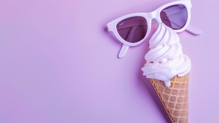 Wall Mural - Summer creative layout with melting ice cream cone and white sunglasses on pastel purple background 80s or 90s retro fashion aesthetic ice cream concept Minimal summer idea : Generative AI