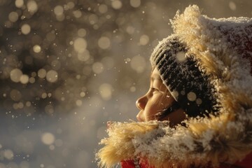 Poster - Child in a cozy hat enjoys the serene snowfall, a moment of pure winter joy