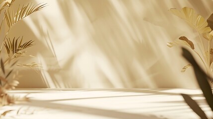 Aufkleber - Abstract beige studio background for product presentation Empty room with shadows of window and flowers and palm leaves  3d room with copy space Summer concert Blurred backdrop : Generative AI