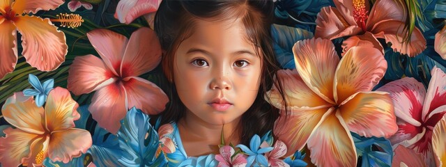 Wall Mural - little girl in a wreath of flowers. Selective focus