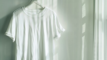 White Tshirt with short sleeves hanging on a hanger indoors layout : Generative AI
