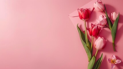 Wall Mural - Valentines Day composition Tulip flowers envelope on pastel pink background Valentines day mothers day womens day concept Flat lay top view copy space : Generative AI