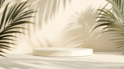 Poster - Beige pastel background for product presentation with shadow tropical palm leaves and light Podium stage pedestal platform for cosmetic product Empty square podium Mockup : Generative AI