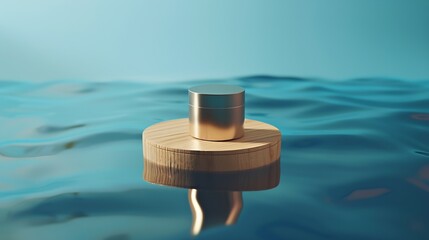 Poster - Beauty cosmetics product presentation scene made with wooden pedestal floating blue water Top view backdrop : Generative AI