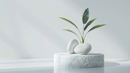Poster - nature stone podium plant on white background for productstylish showcase mock up for exhibition presentation of goods Exhibition display podium : Generative AI