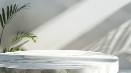 Aufkleber - Luxury marble table with plant shadow on white wall and stone podium for product placement display Trendy neutral aesthetic mockup template for beauty and cosmetics scene : Generative AI