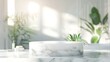 © Generative AI - Marble white podium on table for bathing product display on blur bathroom sink background : Generative AI