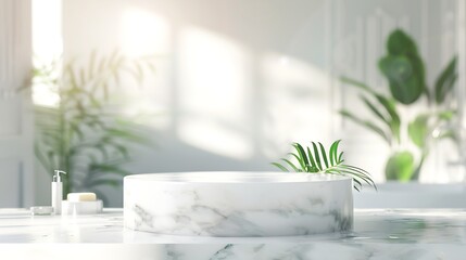 Poster - Marble white podium on table for bathing product display on blur bathroom sink background : Generative AI