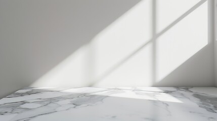 Aufkleber - Marble table with window shadow drop on white wall background for mockup product display : Generative AI