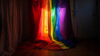 A rainbow flag is crammed into a dark closet, a single ray of light escapes highlighting the vibrant colors