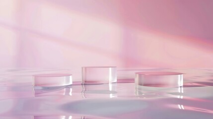 Poster - Abstract surreal scene  empty stage with three clear glass cylinder podiums on pastel pink holographic background in water Pedestal for cosmetic product packaging mockups display prese : Generative AI
