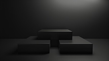 Three black square stands of different heights on black background Platforms for presentation of products and cosmetics Concept of the beauty industry 3d podium made of geometric shape : Generative AI