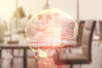 Wall Mural - double exposure of creative human brain microcircuit hologram on a modern furnished office interior 