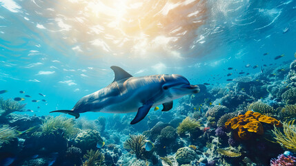 marine life and ecosystem, including dolphin in underwater paradise background.