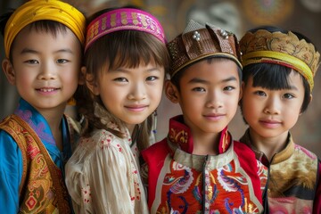 Sticker - Four happy kids dressed in colorful ethnic clothes, celebrating cultural diversity