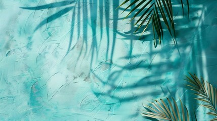 Aufkleber - Mint Blue cement texture wall leaf plant shadow backgroundSummer tropical travel beach with minimal concept Flat lay pastel color palm nature : Generative AI