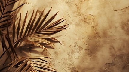 Aufkleber - Brown cream clay mud grunge cement texture wall leaf plant shadow backgroundSummer tropical travel beach with minimal concept Flat lay palm nature : Generative AI