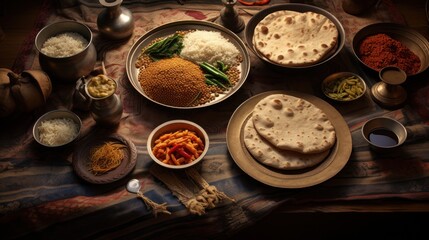 a traditional Indian meal spread on a woven mat, 